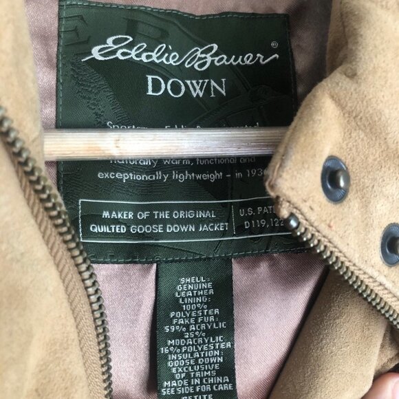 Eddie Bauer size Medium Petite Leather Suede Down Puffer Hooded Vest - Picture 3 of 7